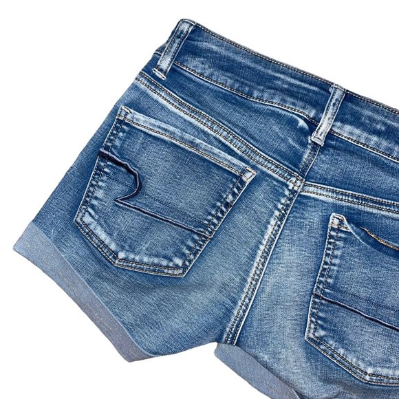 American Eagle Womens Cuffed Shorts 0 Midi Mid Rise Light Wash Embroidered Logo - Picture 5 of 7